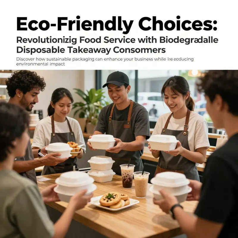 A group of food service professionals using biodegradable takeaway containers in a vibrant outdoor setting.