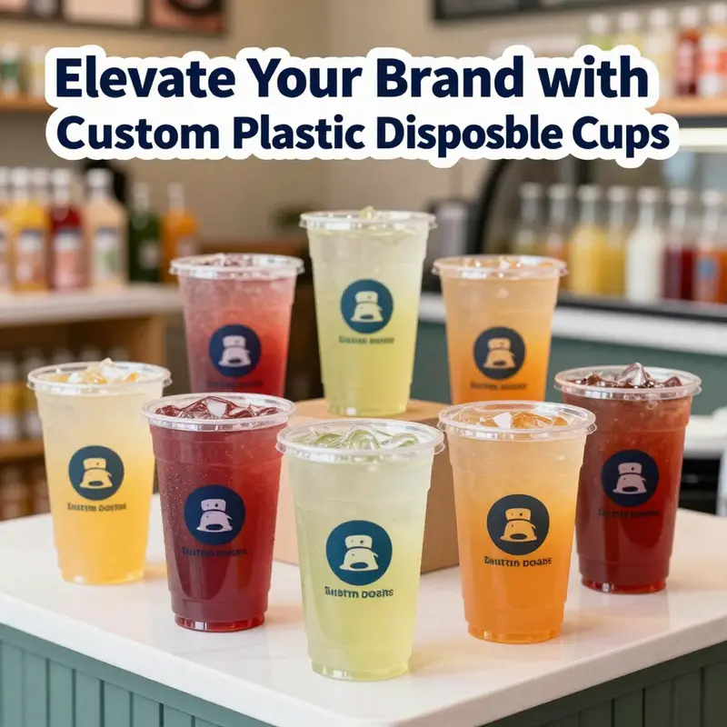 A colorful assortment of branded disposable plastic cups set in a beverage shop environment, illustrating the product's versatility.