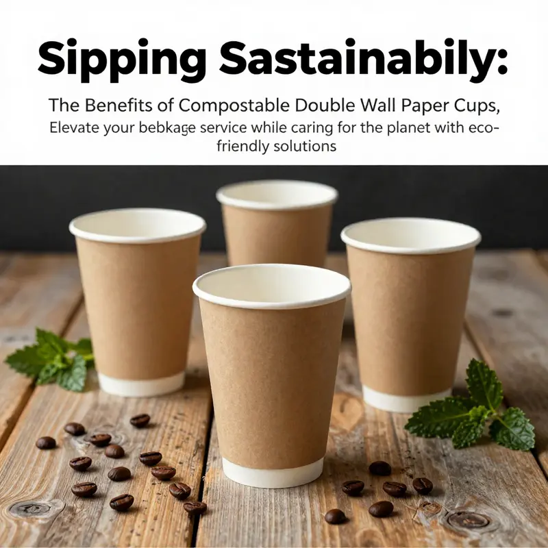 Compostable double wall paper cups surrounded by coffee beans and herbs, emphasizing sustainability.
