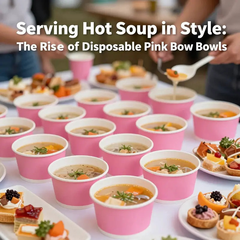 Colorful display of disposable pink bowls filled with hot soup, set up for an event, creating an inviting atmosphere.