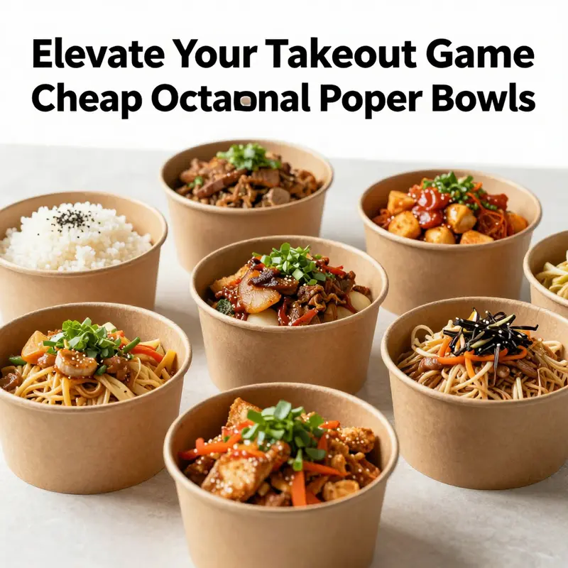 Multiple octagonal paper bowls filled with colorful dishes displayed on a wooden table.