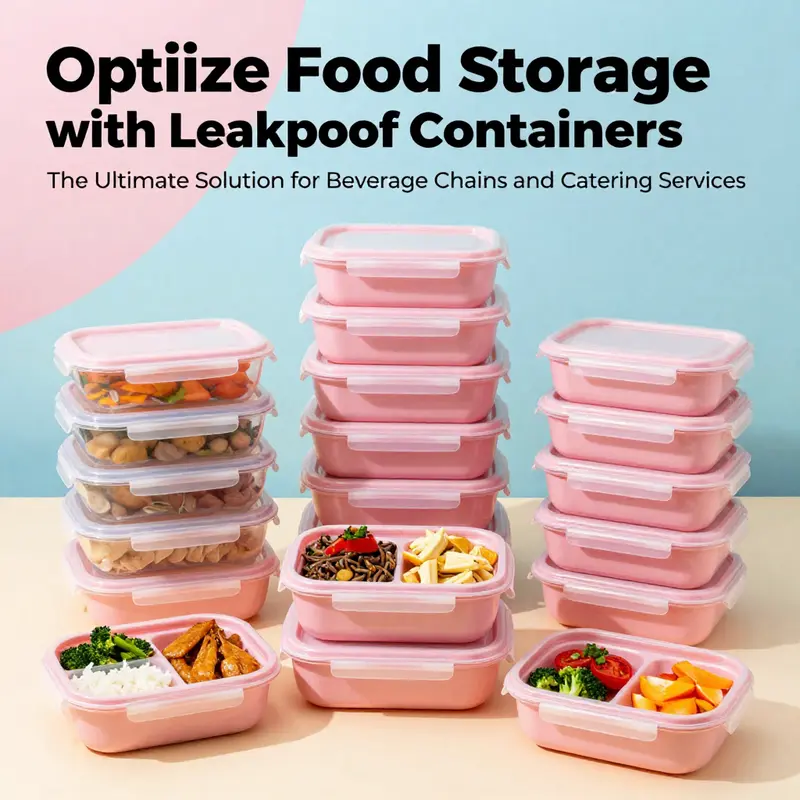 A vibrant arrangement of pink food containers with meals in a visually appealing setup.