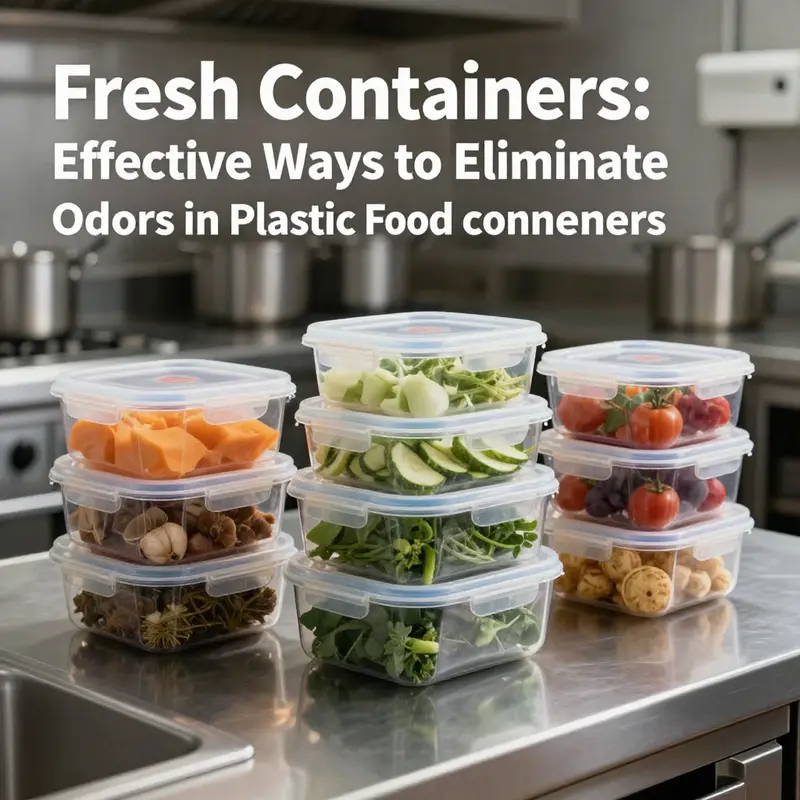 A vibrant kitchen filled with neatly arranged plastic food containers, reflecting the importance of cleanliness and freshness in food service.