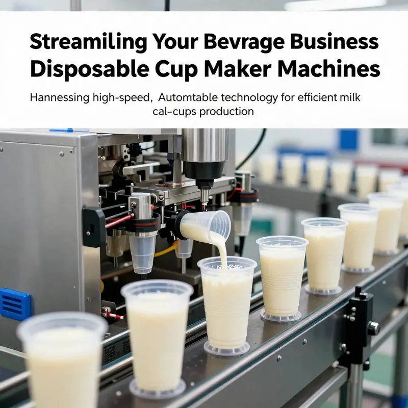 A dynamic production line showcasing the manufacturing of disposable milk cups using a plastic cup making machine.