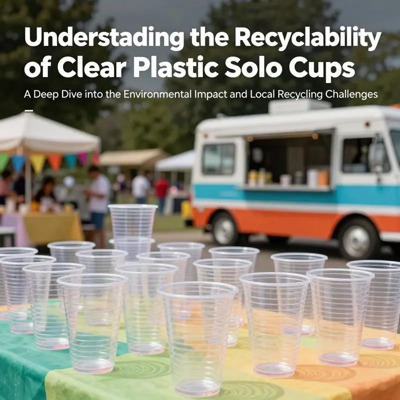 An assortment of clear plastic solo cups in celebratory and food service settings.
