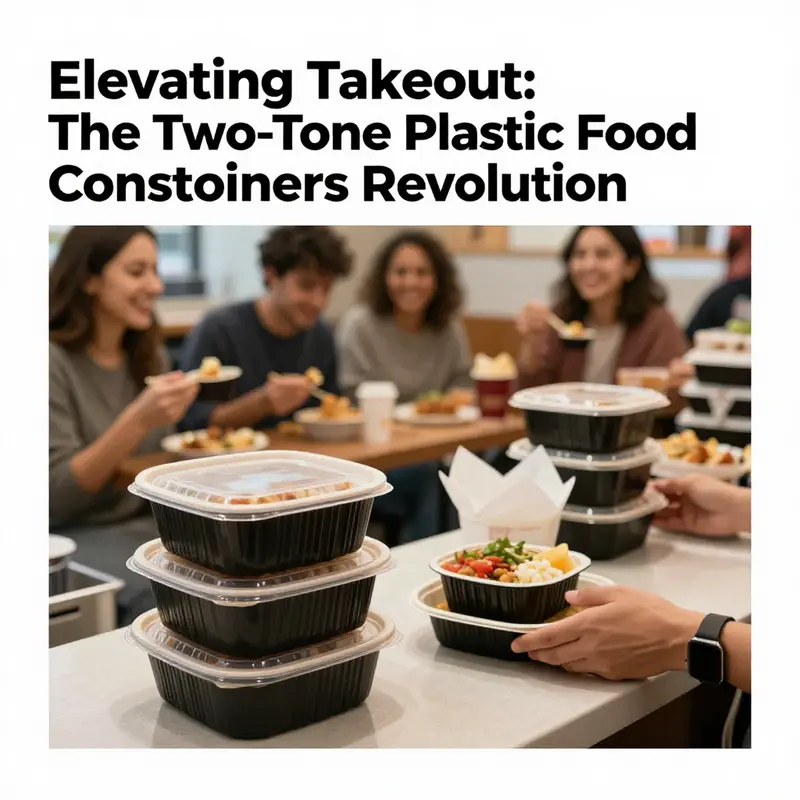 Lively restaurant scene featuring two-tone plastic takeout containers displayed with happy customers enjoying their meals.