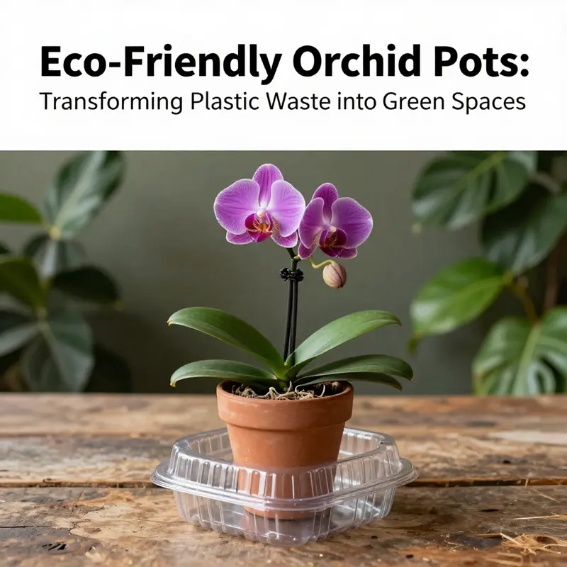 A striking orchid pot made from a repurposed plastic food container, showcasing sustainability and floral elegance.