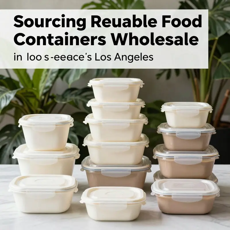 An artistic arrangement of reusable food containers surrounded by plants, promoting eco-friendly practices.