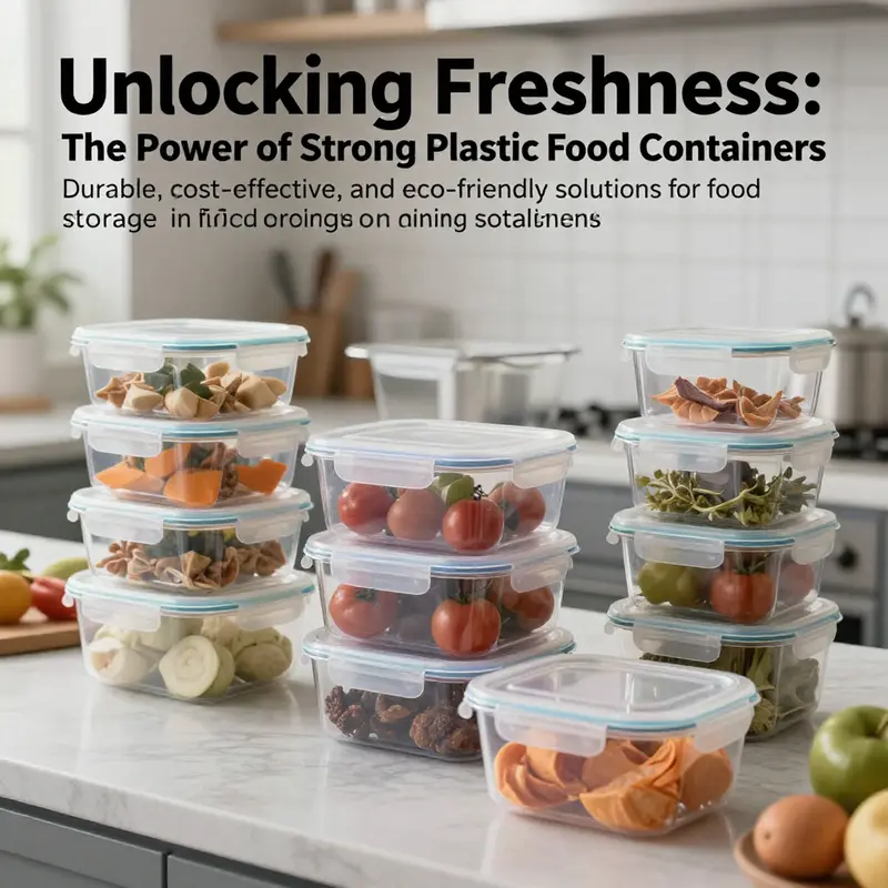 Organized strong plastic food containers ready for use in a contemporary kitchen, emphasizing cleanliness and order.