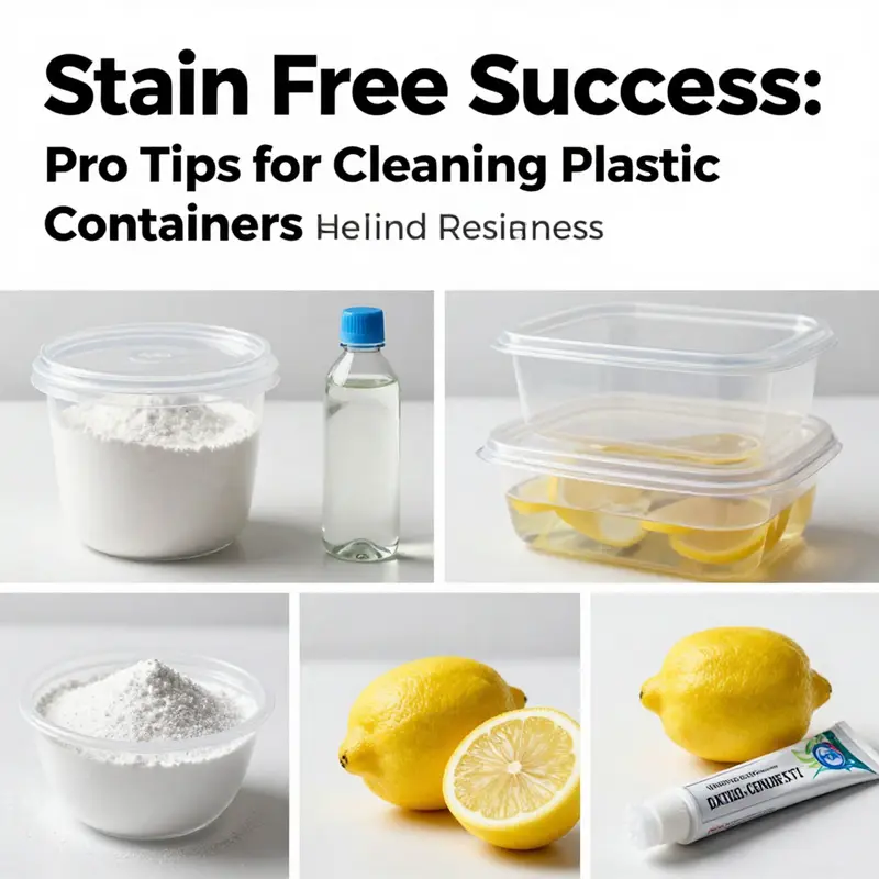 Clean plastic containers alongside common cleaning agents for effective stain removal.