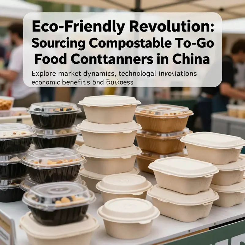 An outdoor food market with diverse compostable to-go food containers on display, reflecting a commitment to sustainability in food service.
