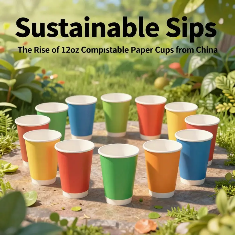 Colorful 12oz compostable paper cups displayed in a circle with greenery in the background.