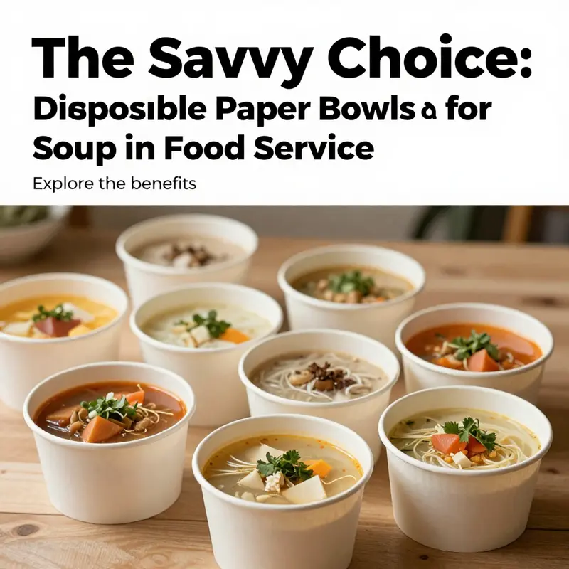 An assortment of disposable paper bowls filled with delicious soups displayed in a cozy food service setting.