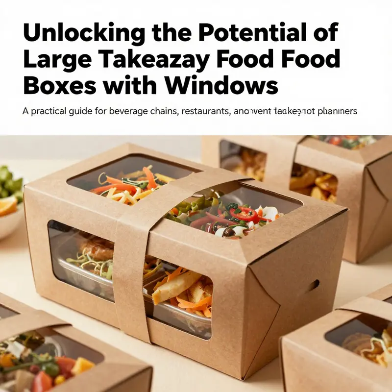 Colorful large takeaway food boxes showcasing different meals through transparent windows.