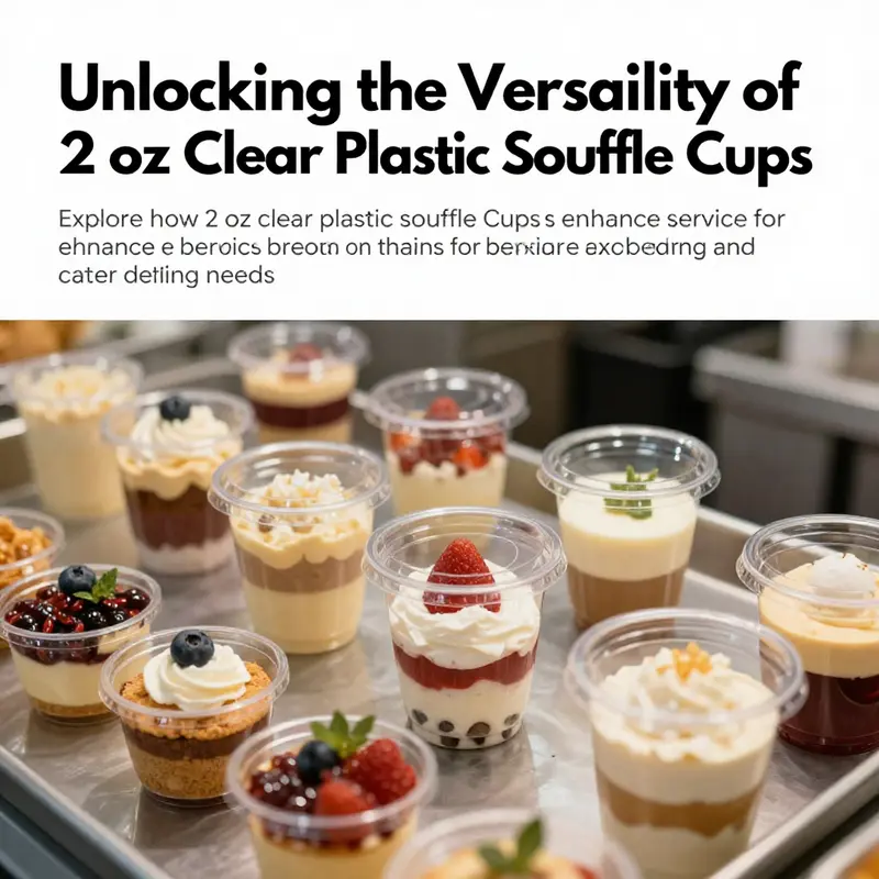 A vivid display of a 2 oz clear plastic souffle cup filled with dessert in a cafe setting.