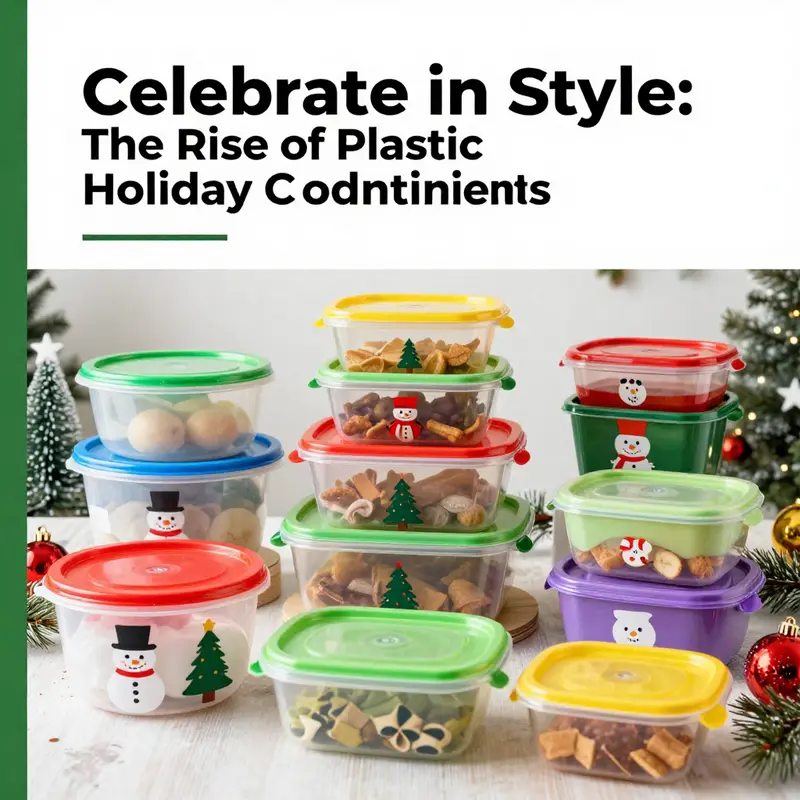 A collection of plastic holiday food containers showcasing various festive designs.