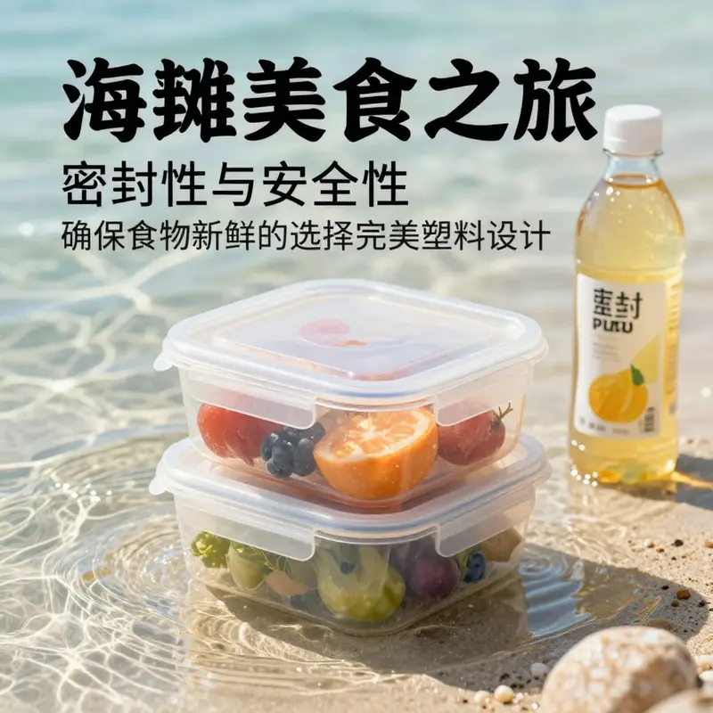 展示各种塑料容器的耐用性与便携性,适合海滩野餐。