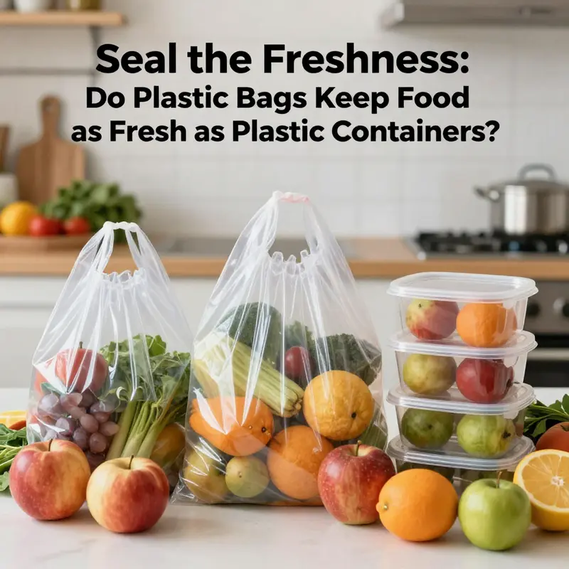 Colorful assortment of fresh fruits and vegetables next to plastic bags and containers in a kitchen setting.