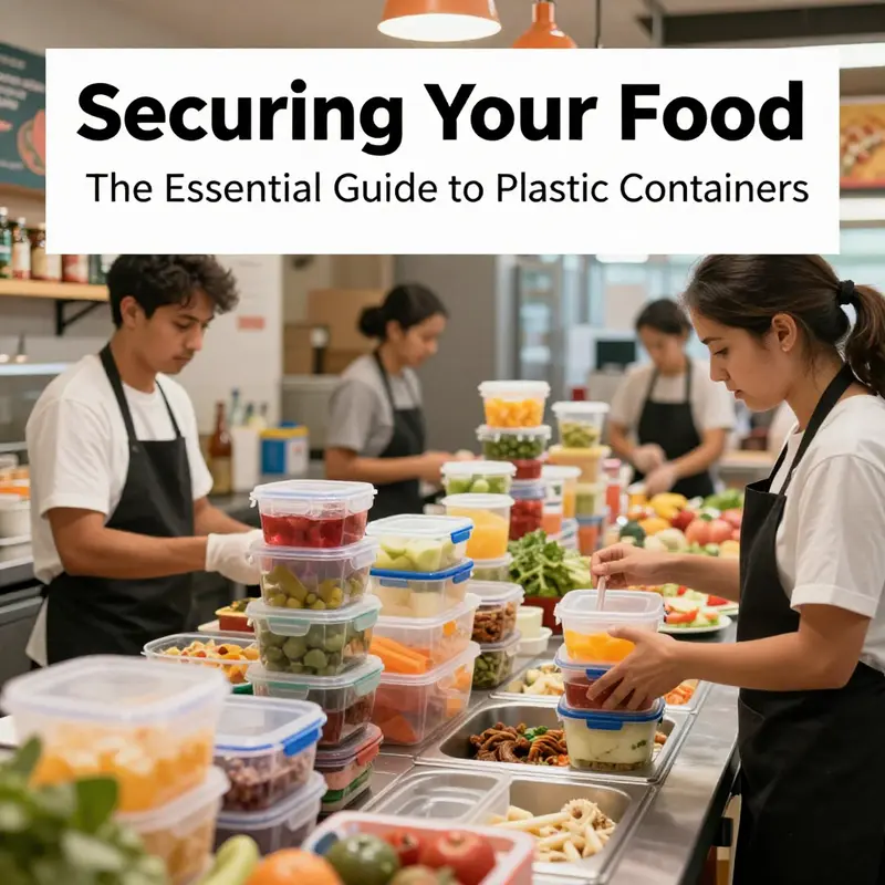 Busy food service staff using colorful plastic containers for safe food storage, showcasing best practices in action.