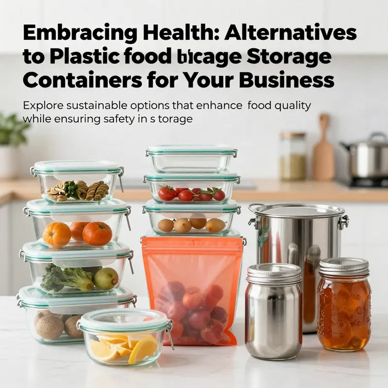 A colorful collage featuring glass containers, silicone bags, metal canisters, and mason jars against a kitchen background.