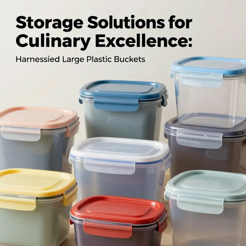 Efficiently organized ingredients in a restaurant kitchen using large plastic food storage containers.