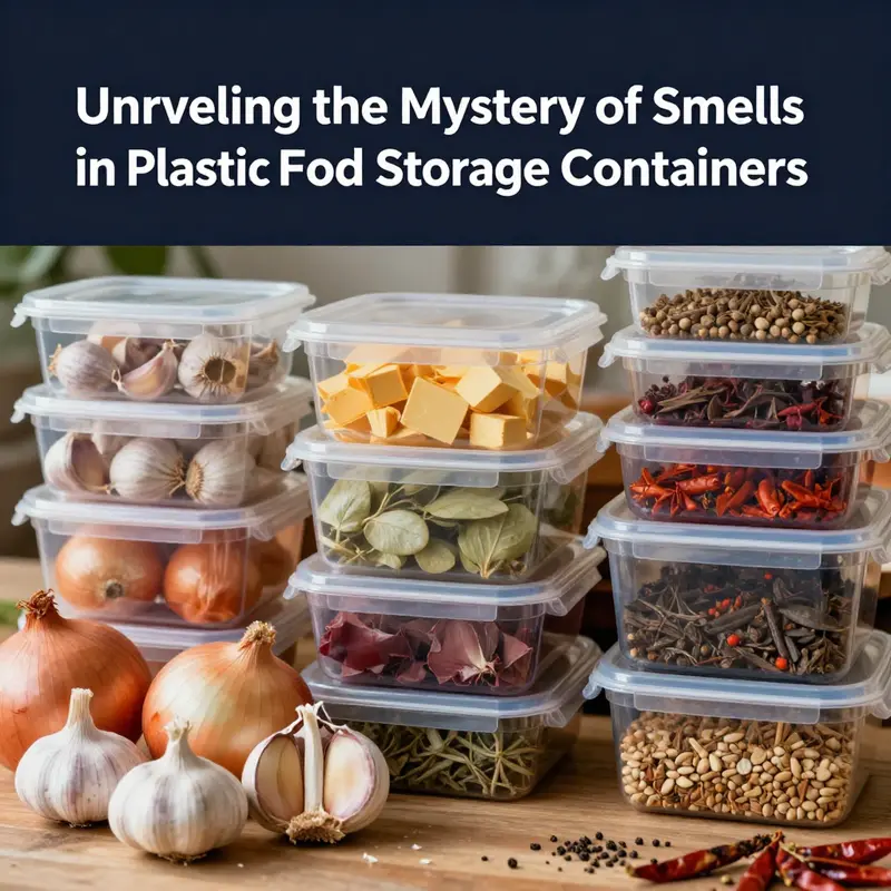 An illustration demonstrating the chemical interactions between plastic polymers and food odors.