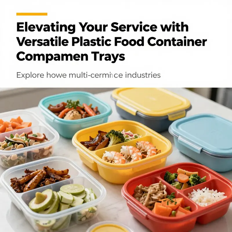 A variety of vibrant plastic food trays filled with assorted dishes, showcasing their practical use in food service.