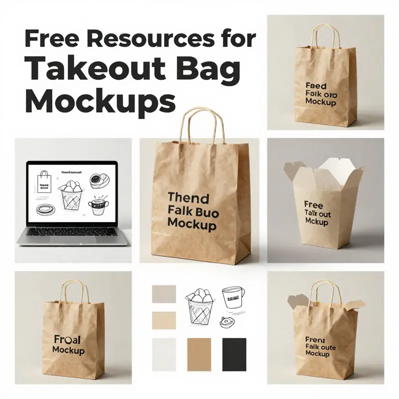 Showcasing various free mockup designs along with branding materials for takeout bags.