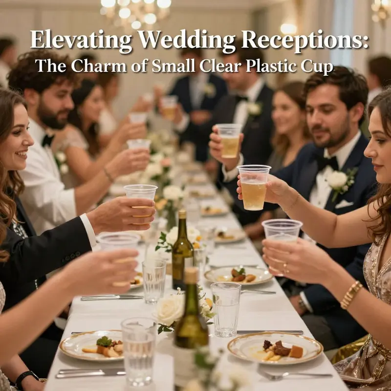 A display of popular designs of small clear plastic cups at a wedding reception.