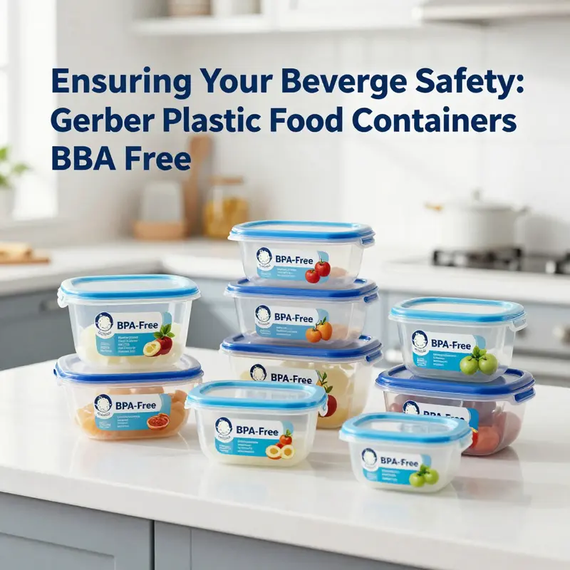 A variety of Gerber BPA-Free plastic food containers displayed in a kitchen setting.
