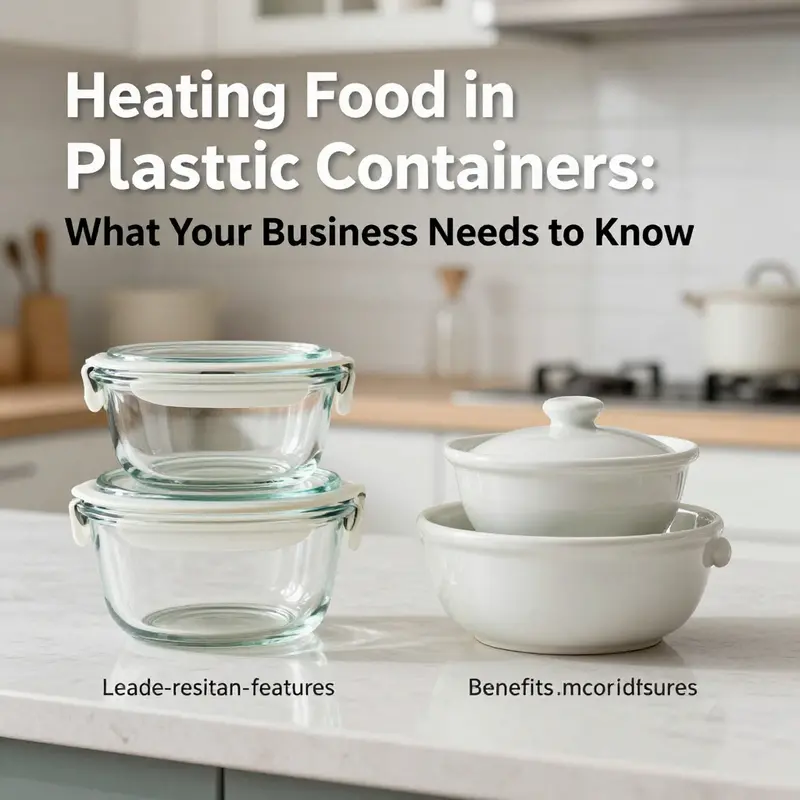 A chef inspects the safety labels on plastic containers to ensure safe food heating.