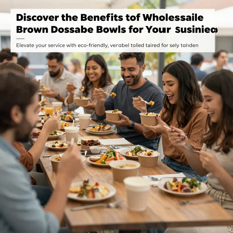 A lively outdoor event scene showcasing diverse customers happily enjoying their meals served in eco-friendly brown disposable bowls.