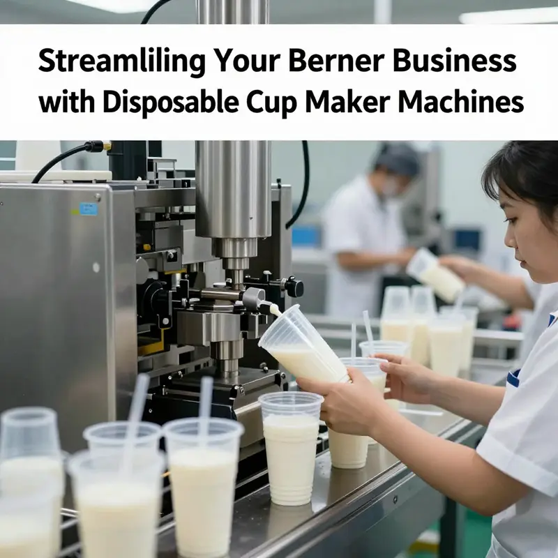 A modern plastic cup making machine operating at peak production speed.