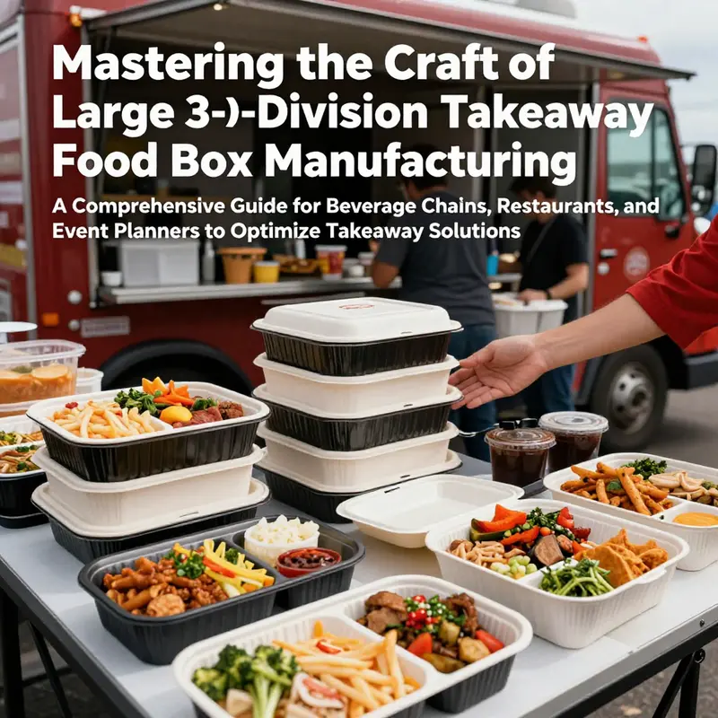 An event scene showcasing large 3-division takeaway food boxes filled with a variety of food items being served at a food truck.