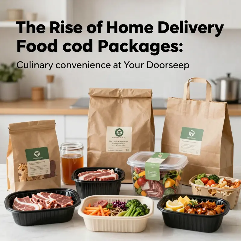 A vibrant display of different styles of home delivery food packages, highlighting gourmet meats and meal kits in an inviting kitchen setting.