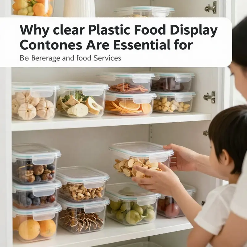 Clear plastic containers showcasing a variety of foods in a vibrant retail setting.