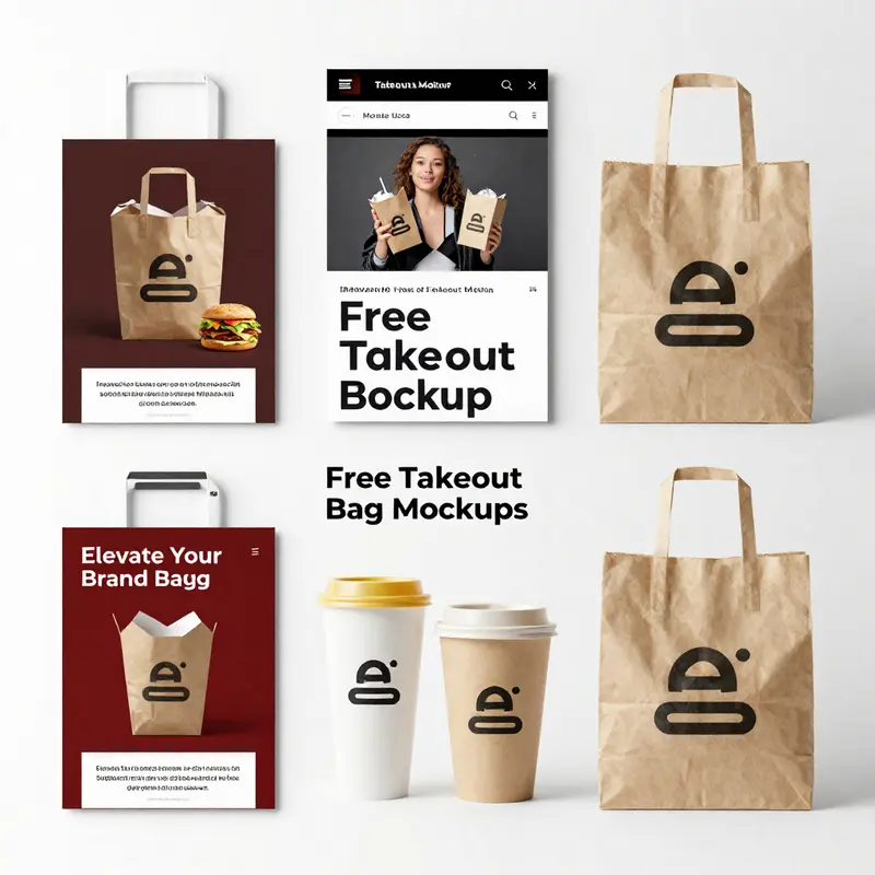 Showcasing various free mockup designs along with branding materials for takeout bags.