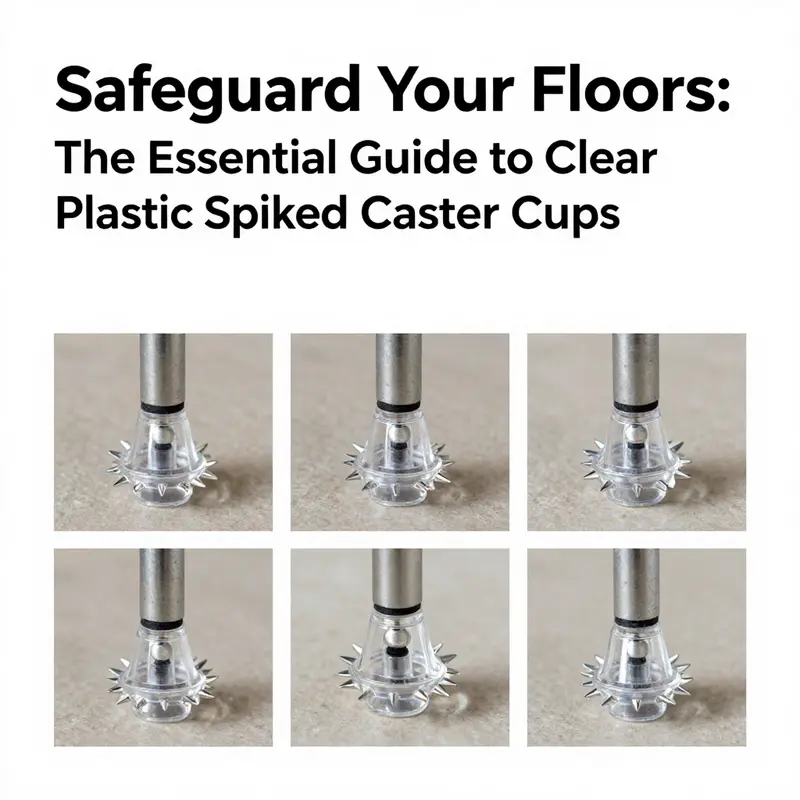 Clear plastic spiked caster cups protecting both hardwood and carpeted floors.