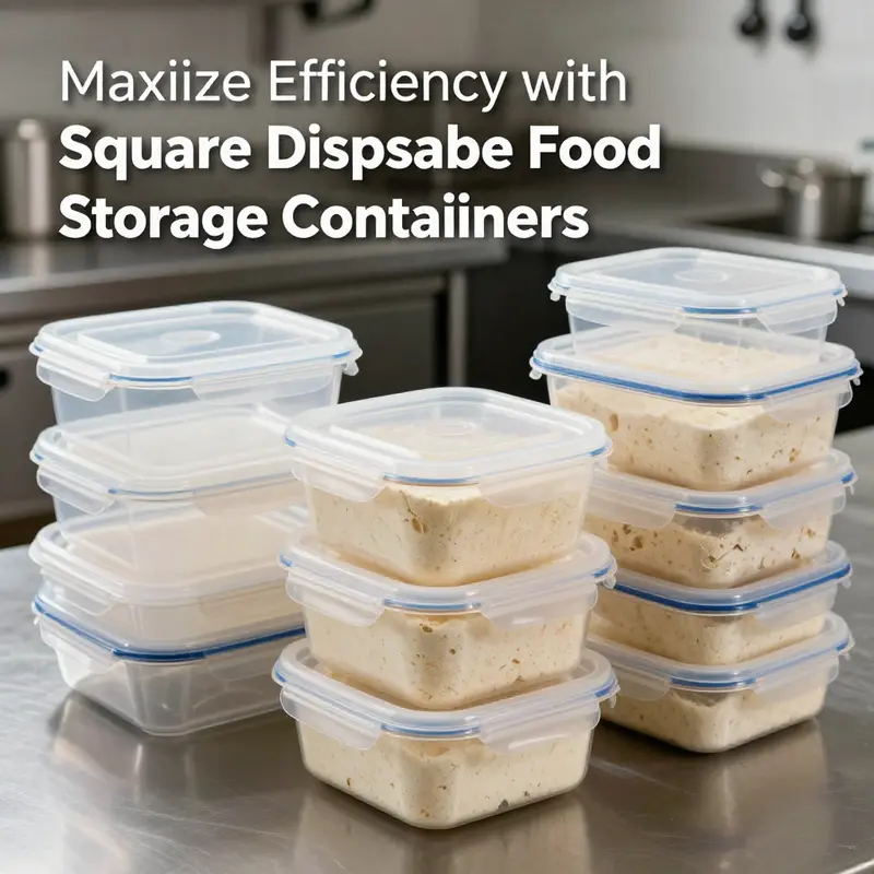 Various square disposable food storage containers displaying diverse materials and practical features.