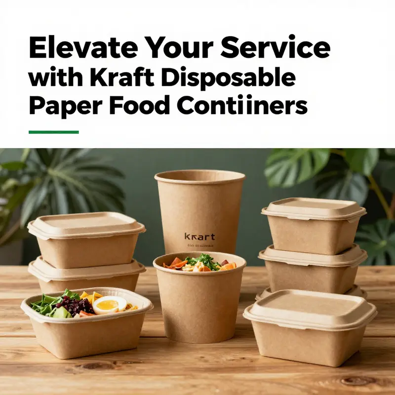 Kraft disposable paper food containers filled with fresh foods, set against a backdrop of greenery.