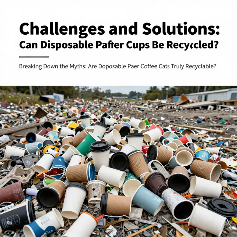 Landfill overflowing with waste, including non-recyclable disposable paper coffee cups.