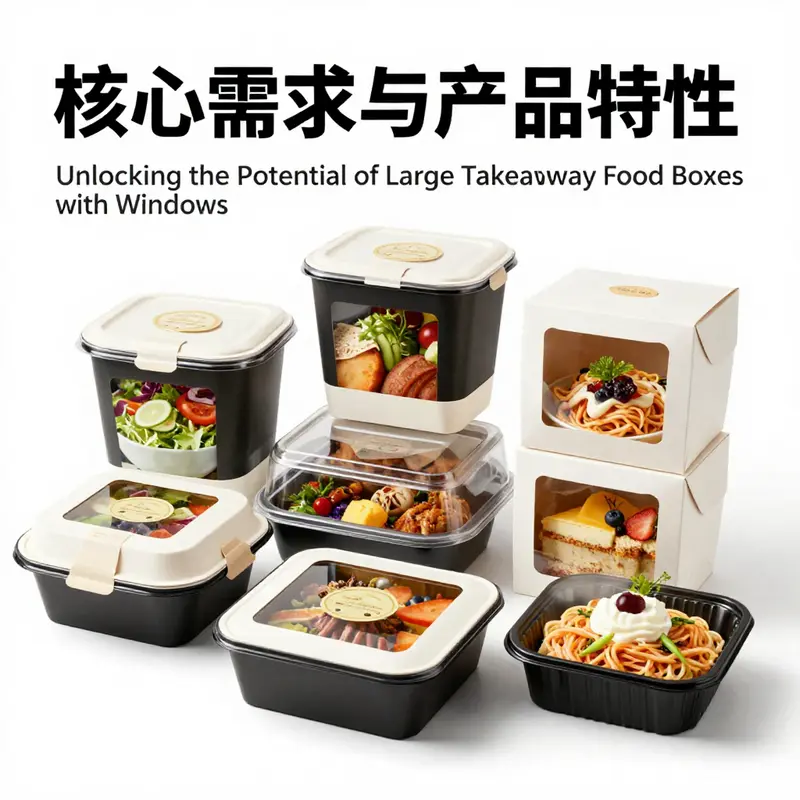 A variety of large takeaway food boxes with windows, designed for different meal types including salads and pastries.