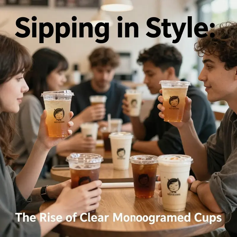 A showcase of beautifully customized clear plastic monogrammed cups, demonstrating versatility for any event.