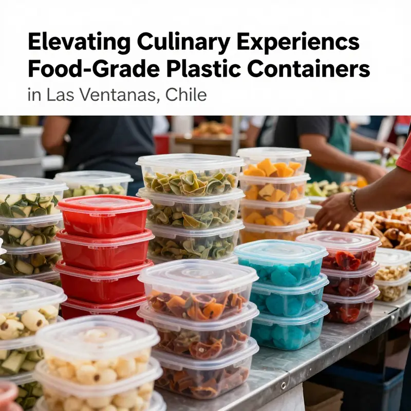 A colorful market scene in Las Ventanas, Chile, displaying various food-grade plastic containers used for diverse culinary offerings.
