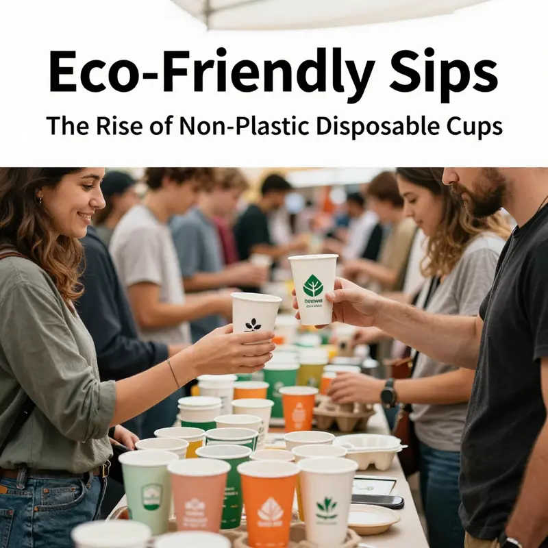 A showcase of various biodegradable disposable cups available for beverage service.