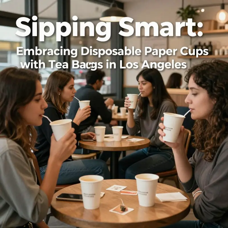 Diverse disposable paper cups with tea bags in a colorful array reflecting the spirit of LA’s beverage scene.