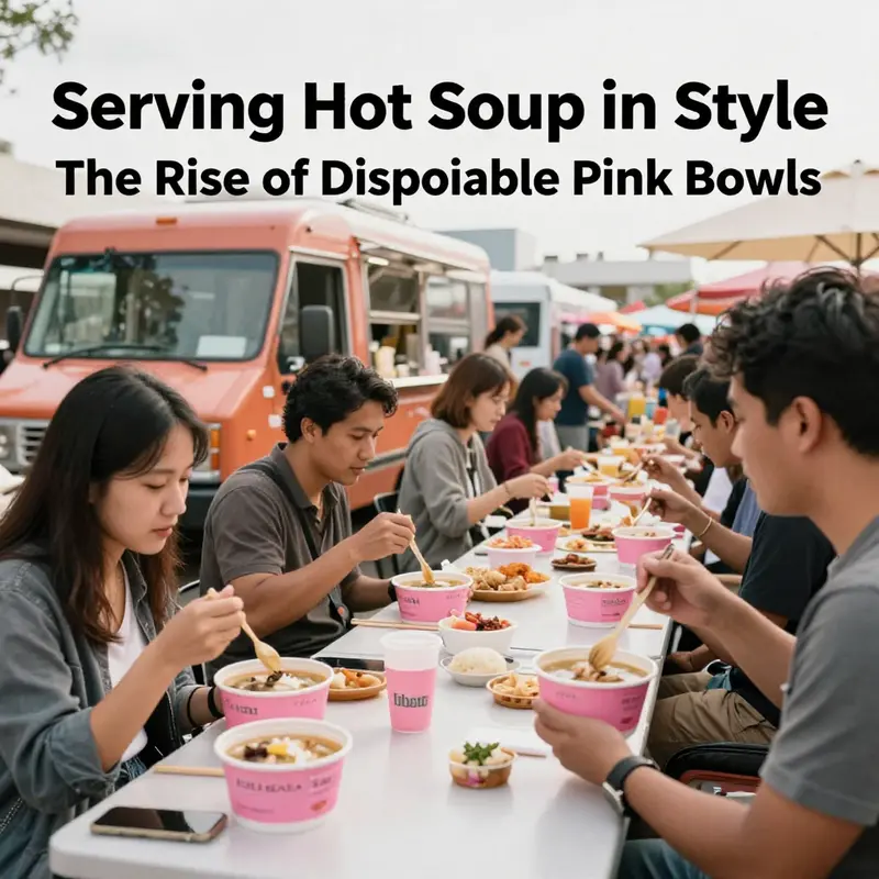 A variety of disposable pink bowls highlighting their materials and suitability for hot soup service.