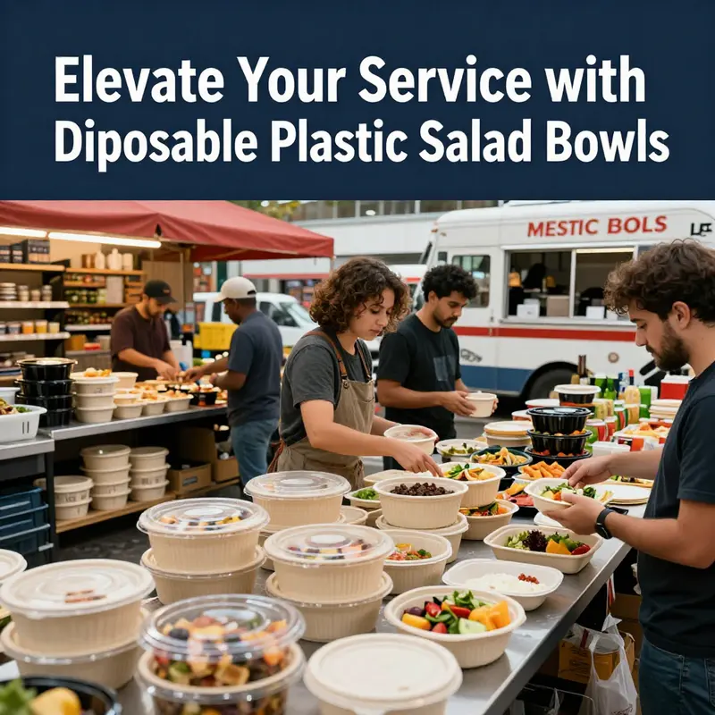 An array of disposable plastic salad bowls showcasing different sizes and delicious contents.