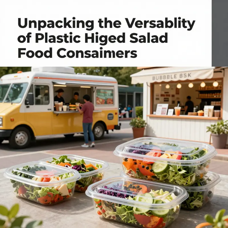 Assorted plastic hinged salad food containers displaying their secure design and fresh contents.