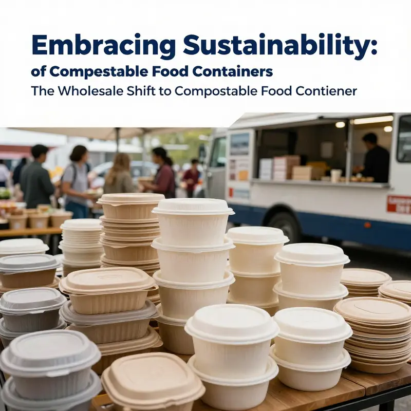 Compostable food containers prominently displayed in bustling restaurants and food trucks, highlighting their application in everyday food service.